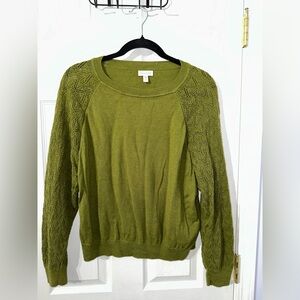 Garnet Hill Green Crew Neck Sweater with Cable Knit Sleeves (XS)